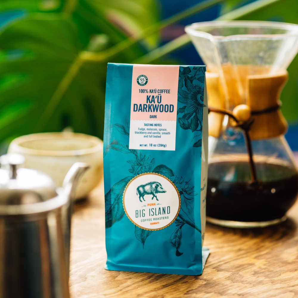 hawaiian Kaʻū dark roast on counter with french press